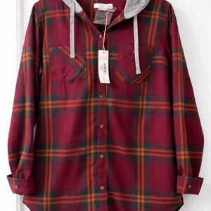 Burgundy Plaid Hooded Flannel Shirt